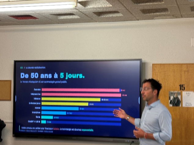The image shows a presentation slide with a colorful graph or chart, likely depicting a significant increase or acceleration in a certain metric, such as technological adoption or product sales, with various tech-related terms and numbers mentioned. Le contenu g�n�r� par l’IA peut �tre incorrect.